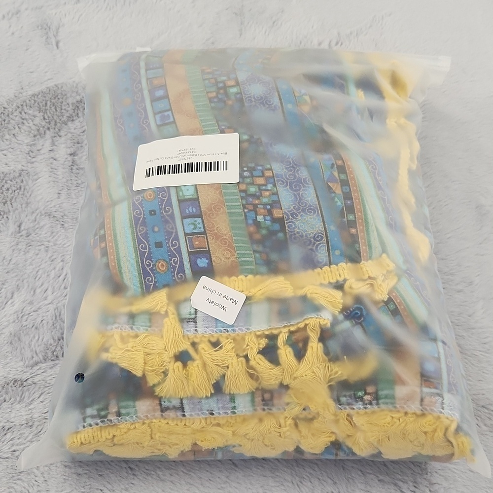 Blue & yellow stripe bohemian linen blend curtain panels (2) - Picture 7 of 7
